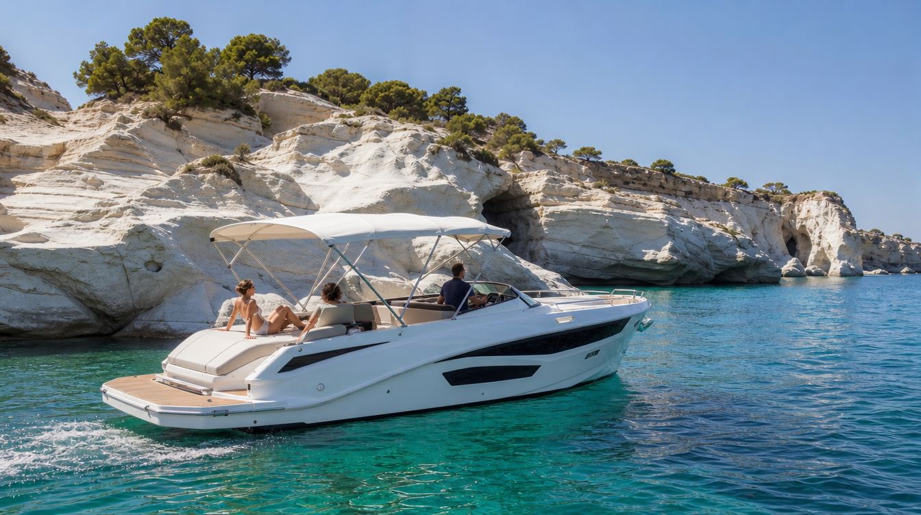 ATHOS 35 day cruiser near the rocks of Kavourotrypes