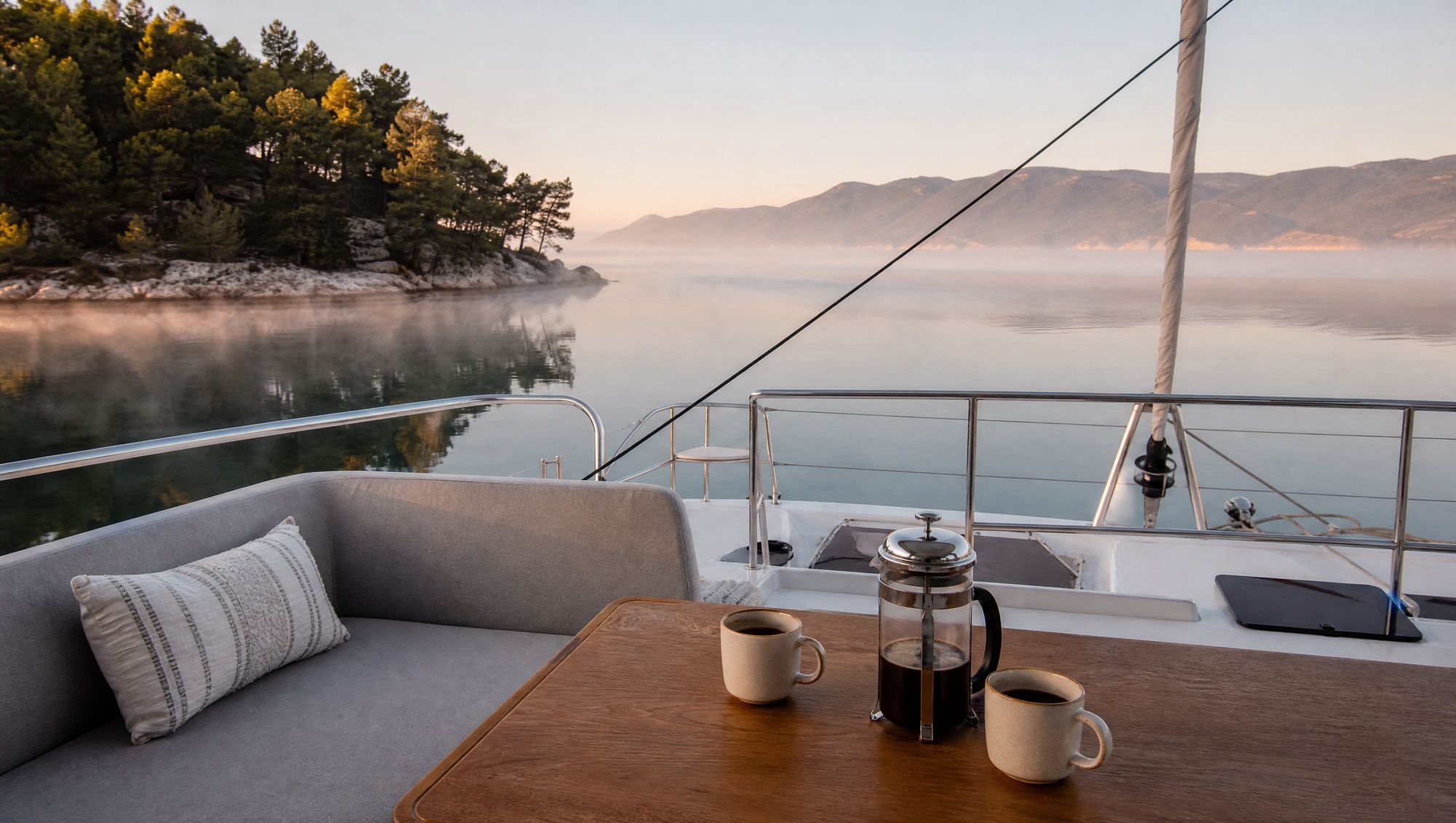 Morning on board in a quiet bay