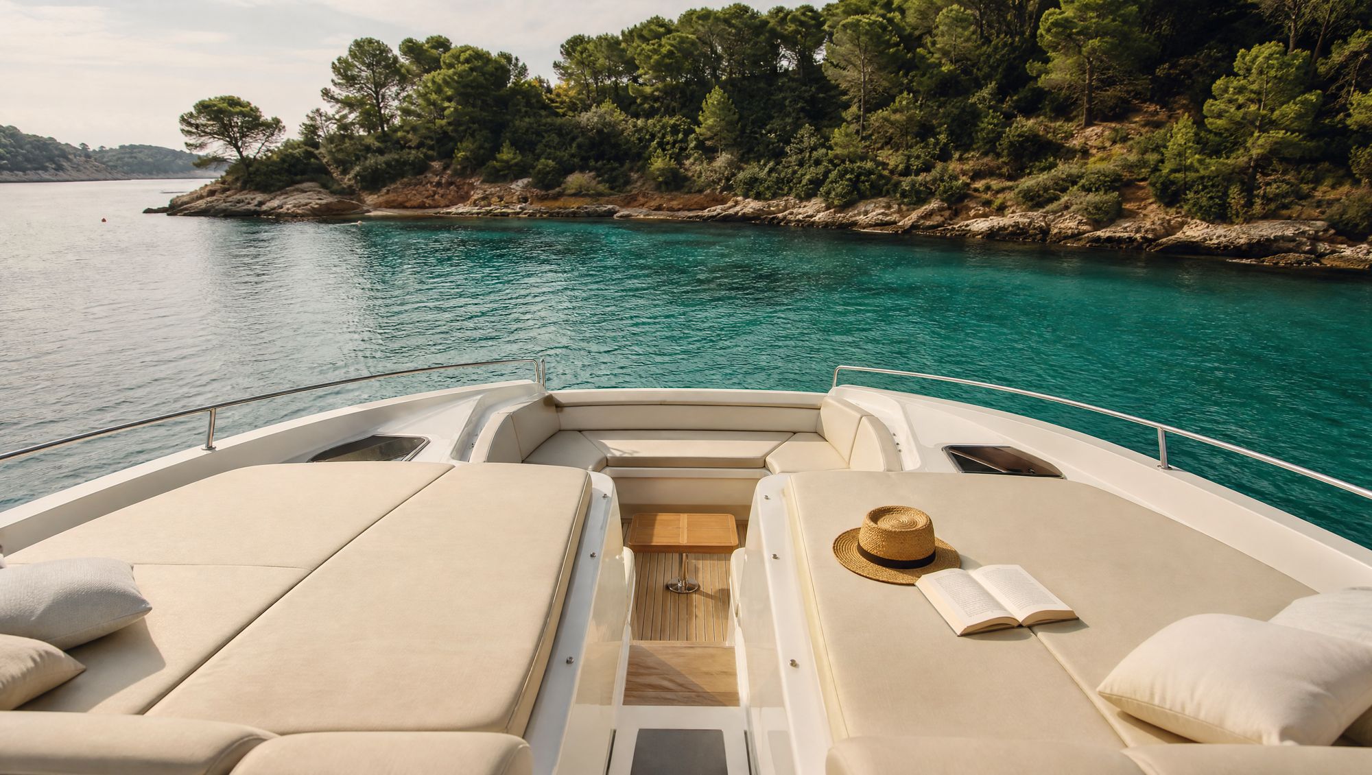 Bow lounge with sun pads at anchor