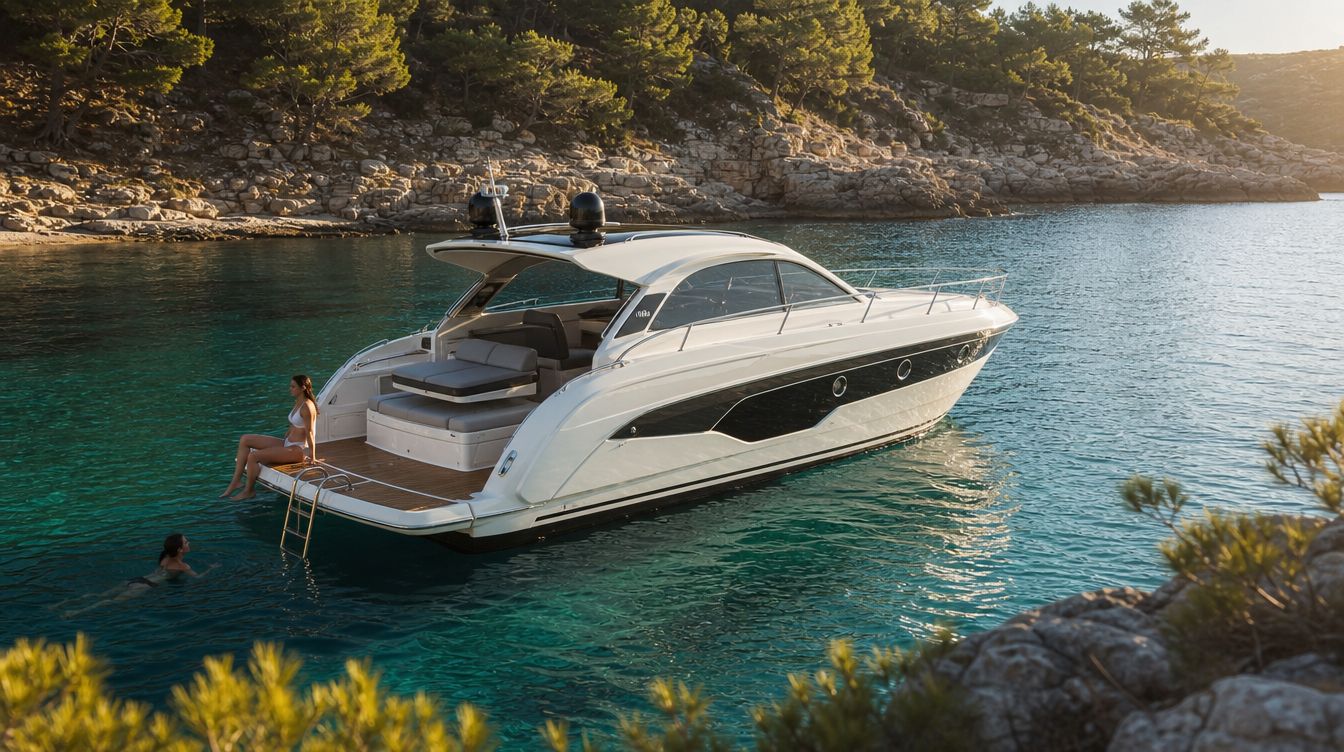 SITHONIA 40 motor yacht at anchor in a cove